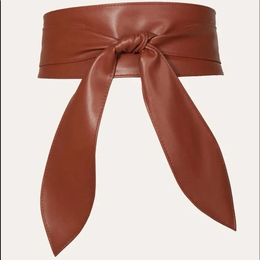 Rust Brown Women Wide Corset Faux Leather Wrap Tie Belt